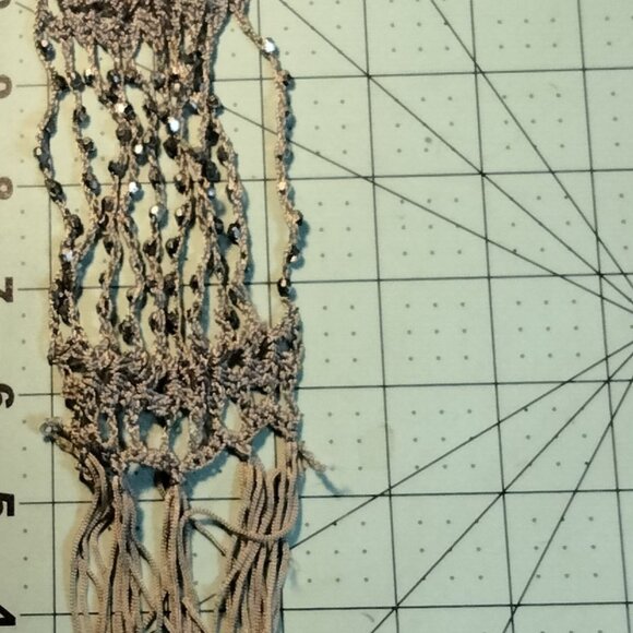 Silver Beaded Crochet Scarf Tie Fringe Rhinestones 82 Inch Long Elegant Runway - Picture 6 of 7